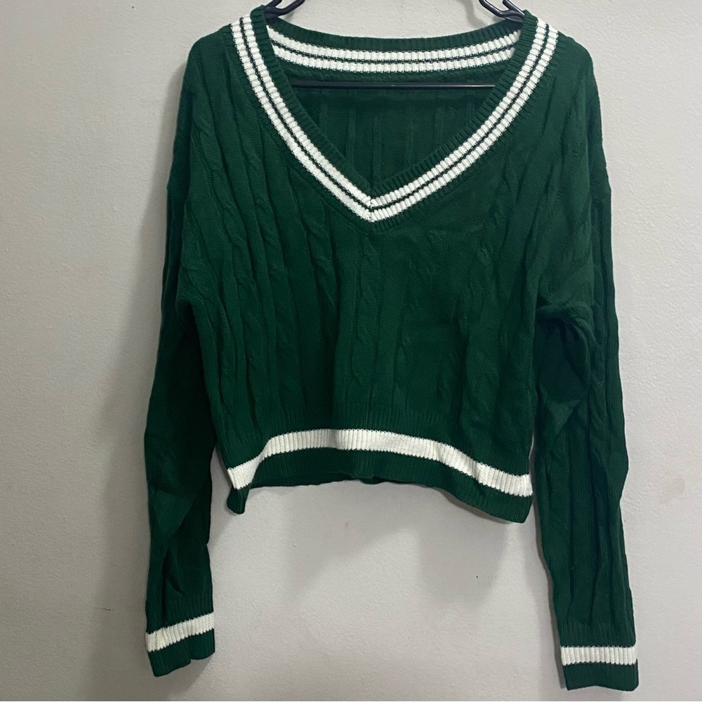 Cute Varsity style emerald green cropped sweater
